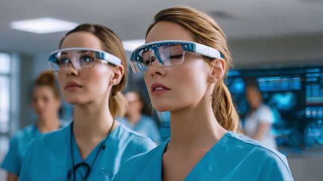Vision of Future Healthcare: A cadre of healthcare professionals, adorned with cutting-edge augmented reality glasses, stand poised. The futuristic vision merges technology with compassion.