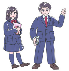 冬服の制服を着た男の子と女の子の生徒の全身イラスト