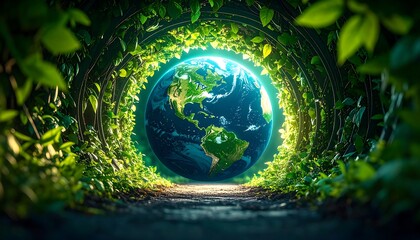 Earth framed by lush tunnel of greenery