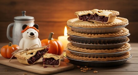 Delicious pies with seasonal decorations and warm candlelight ambiance