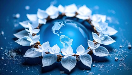 Earth, framed by white flowers, on a deep blue background