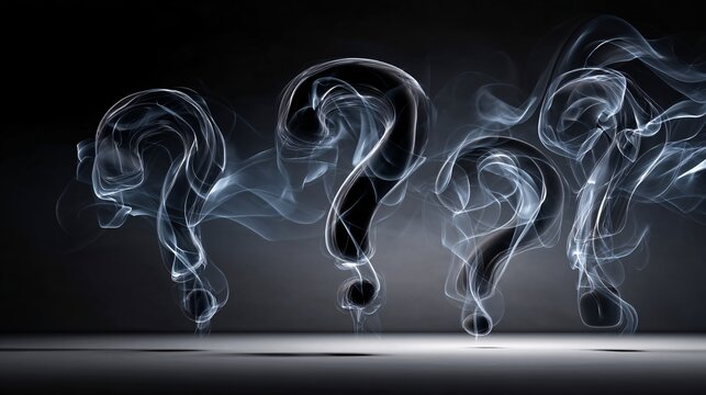 conceptual 3D illustration where the dark question marks are slowly dissolving into a fine mist of light. The mist is a soft, ethereal gray, creating a sense of a problem being solved and an 