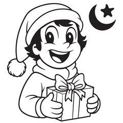 Smiling Child Holding Gift with Moon and Star  Black and White Festive Line Art