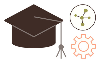 Graduation cap with tassel next to a molecular network and gear. Ideal for education, achievement, innovation, technology, science, learning, future development. A simple flat metaphor