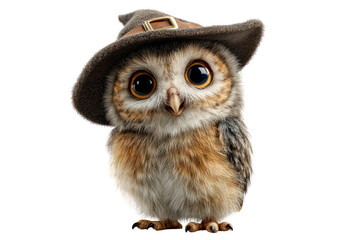 Fototapeta premium Adorable baby owl wea a whical witch hat with wide eyes looking curious and charming posing against a plain background for fantasy, wildlife, and Halloween themes