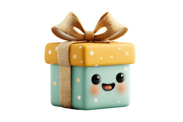 Adorable cartoon-style gift box with a happy facial expression, featu a yellow top with white dots, a turquoise base, and a shiny gold ribbon bow on top