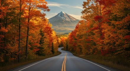 Fototapeta premium Scenic highway winding through vibrant autumn forest towards majestic mountain peak under bright sunlight