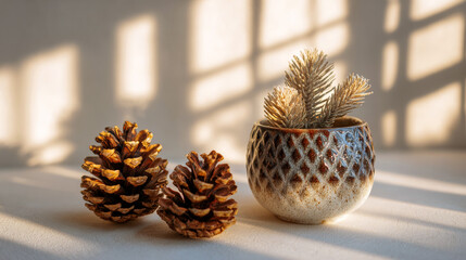 Window light casts crisp shadows on a wall, highlighting two pine cones and a patterned pot with evergreen sprigs
