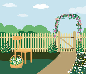 Flower Garden View &ndash; Chair and Basket of Flowers by Wooden Fence