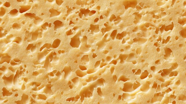 Close-up view of porous parmesan cheese texture with irregular holes.