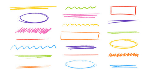 Colorful hand drawn line with pencil, crayon or pen stroke marks for underline emphasis in text design. Waves, ovals and rectangles with scribble texture for highlighting. Decorative elements set