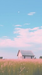 Obraz premium Aesthetic one house in meadow and large pink blue sky landscape wallpaper architecture outdoors building.