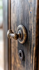 Obraz premium Close-up of rustic brass door handle on wooden surface