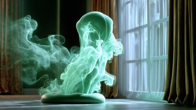 Mystical Phantom in Room: A spectral green phantom is gently formed, set against a window overlooking the world outside, creating an ethereal atmosphere. 