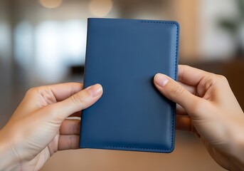 Woman holds a elegant navy passport wallet, symbolizing travel readiness
