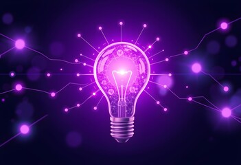 Glowing lightbulb surrounded by interconnected nodes and lines, representing innovation and technological advancement.