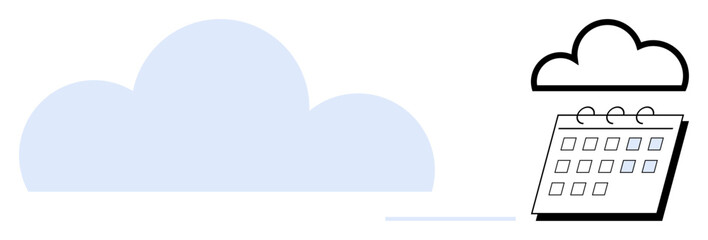 Large cloud and digital calendar connected by visual elements represent data synchronization and cloud-based scheduling. Ideal for technology, organization, productivity, planning, automation, remote