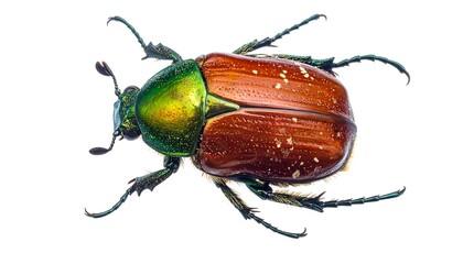 Detailed dorsal view of a metallic brown and green beetle against a white background
