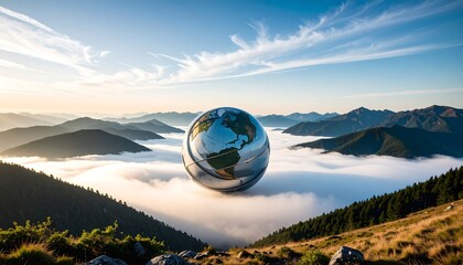 Earth globe above clouds, mountain vista