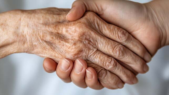Elderly caucasian hand held by younger caucasian hand in a gesture of support and care. Long Term Care Planning Month