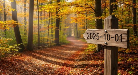 Peaceful Autumn Forest Path with Wooden Signpost Showing 2025-10-01 – Symbol of Time and Change