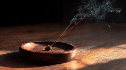 Brown wooden incense holder with glowing stick grounded and relaxed for spiritual visuals