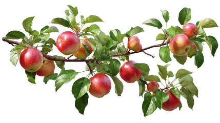 apple tree branch with apples and green foliage top view isolated on a Transparent background, PNG file.