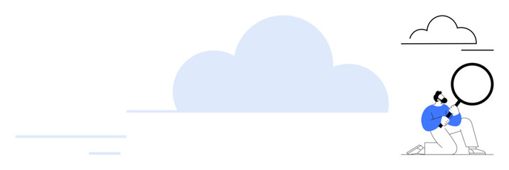 Person holding magnifying glass near large cloud, symbolizing analysis, data exploration, storage, innovation, technology. Ideal for analytics, brainstorming, cloud computing research learning