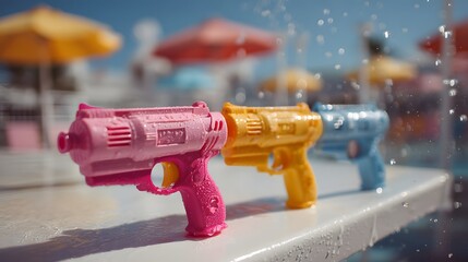 Colorful Water Guns on a Table by a Pool with a Summer Vibe