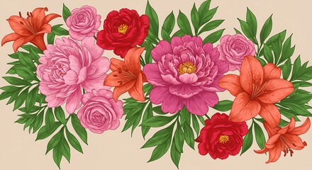 Vibrant floral arrangement peonies roses and lilies in a decorative design