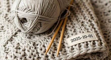 Ball of Yarn with Needles and Fabric Tag Showing 2025-10-01 – Symbol of Care and Craft Tradition