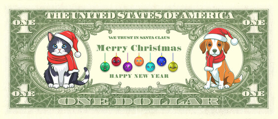 Funny holiday money from United States. Financial illustration. Reverse of 1 dollar bill. Cartoon kitten and puppy wearing Santa hats and scarves. Merry Christmas and Happy New Year. Funny fir balls