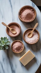 Natural Spa Ingredients Clay Masks Bath Salts and Soap Bar on Marble.