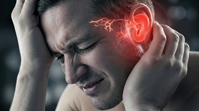 Man experiencing an earache with painful sensation indicated by red glowing ear and nerves. Medical otitis problem or migraine footage.