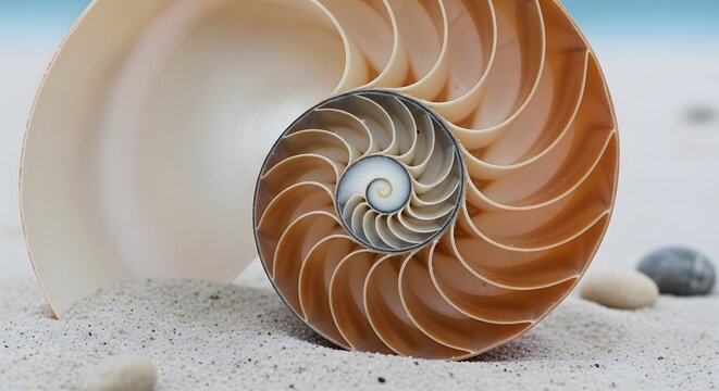 Beautiful nautilus shell cross section on white beach sand nautilus shell spiral chamber nature ocean beach