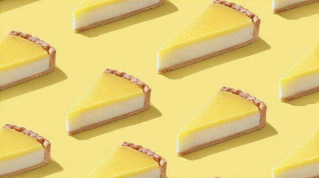 Seamless pattern of delicious lemon tart slices on a vibrant yellow background.