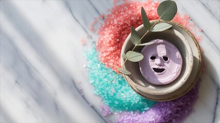 Spa Day Essentials Face Mask Bath Salts and Eucalyptus on White Wood.