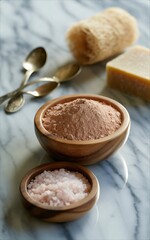 Spa Essentials Himalayan Salt Bath Salts and Natural Soap on Marble.