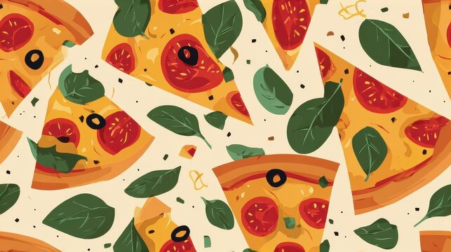 Creative seamless pattern of vegetarian pizza slices with fresh ingredients.