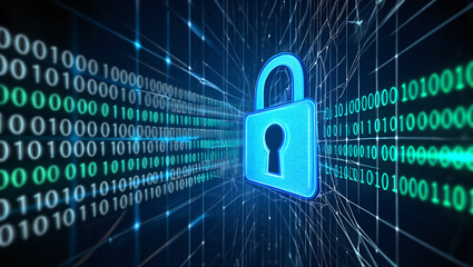 Data security concept showing digital padlock with binary code background