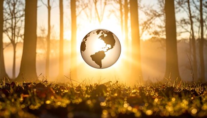 Earth globe at sunrise, forest backdrop