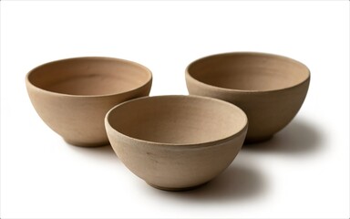 Three Empty Clay Bowls on White Background.