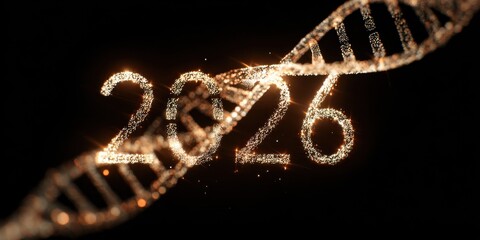 2026: The image is a visual representation of the year 2026 integrated with the iconic structure of a DNA double helix, symbolizing scientific and technological advancements expected in the future.