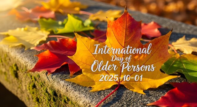 Autumn Leaves on Stone Bench – Painted Leaf Honoring International Day of Older Persons 2025-10-01