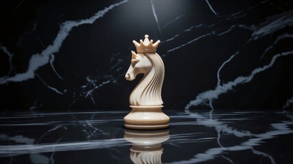 White Chess Knight with Golden Crown on Reflective Black Marble.
