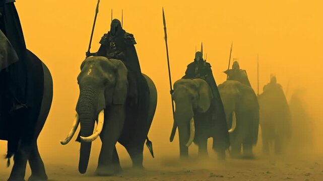 Dark lord riders on elephants with spears in a desert, ancient civilization warriors in fantasy sci fi footage.