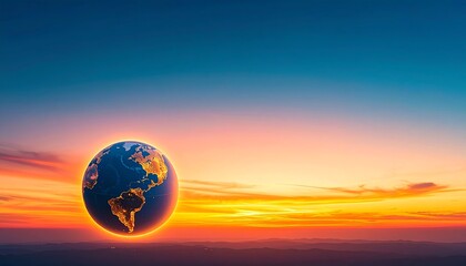 Earth globe at sunrise, serene landscape