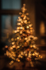 Blurred Christmas tree with lights on a dark background