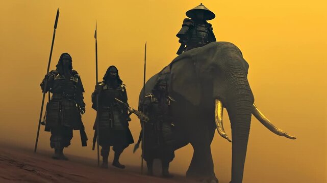 Ancient warriors and powerful elephant walking through a desert in a fantasy world. Epic journey of an ancient civilization, footage.
