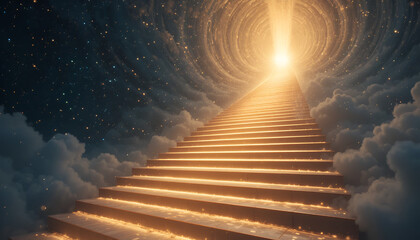 Golden stairway to heaven with clouds and stars leading to a bright light